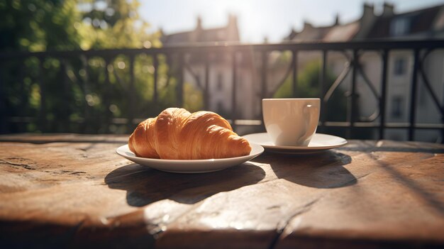 Foto aussicht auf eine tasse kaffee und französische croissants vom balkon