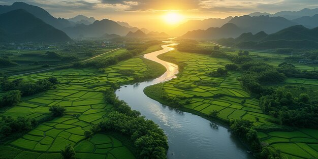 Aussicht auf einen Fluss, der durch ein üppiges grünes Tal fließt