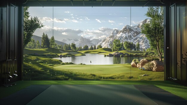 Aussicht auf einen Golfplatz-Simulator mit Bergen im Hintergrund aus dem Gebäude