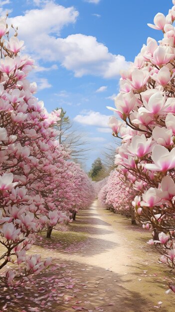 Aussicht auf einen Weg, der von rosa Blumen und Bäumen gesäumt ist