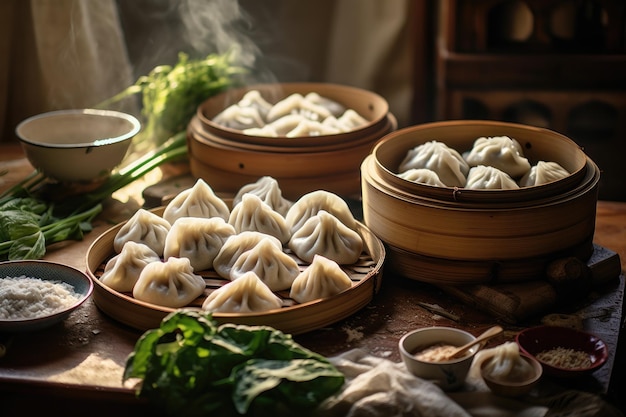 Aussicht auf frisch zubereitete chinesische Knödel in der Küche