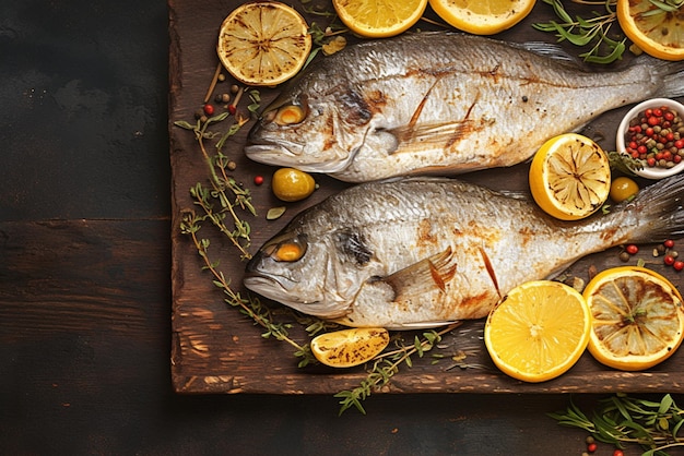 Aussicht auf gegrillten Dorado-Fisch, elegant auf rustikalem Holzhintergrund präsentiert