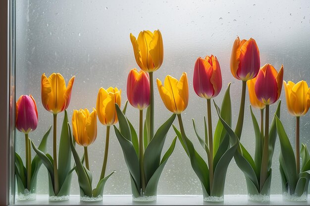 Foto aussicht auf tulpenblumen hinter kondensiertem glas