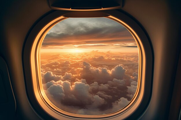 Aussicht aus dem Flugzeugfenster Die Sonne geht unter Generative ai
