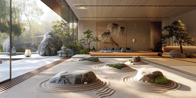Aussicht aus dem Inneren mit zen-inspiriertem Stil im Inneren des japanischen Gartenhauses