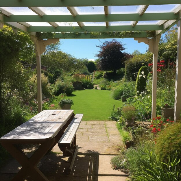 Aussicht von der verglaste Pergola auf den wunderschönen Garten