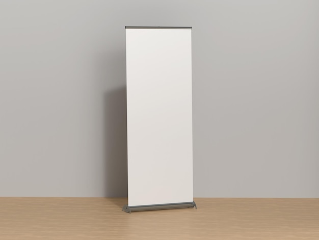 Ausstellung Rollup Event Pullup Banner auf einem Laminatboden mit Kopierraum 3D-Renderillustration