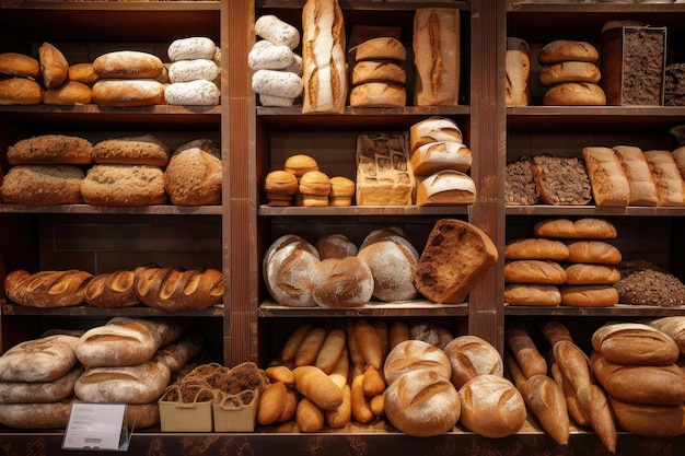 Ausstellung verschiedener Brotsorten, von ländlich bis fluffig und brotig, erstellt mit generativer KI