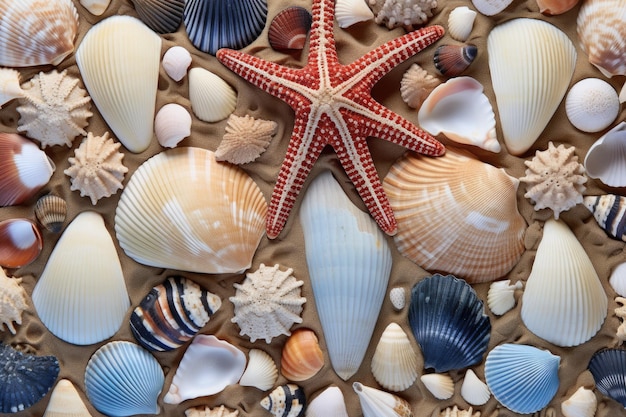 Foto ausstellung verschiedener muschelarten an einem sandstrand