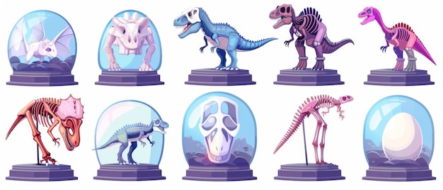 Ausstellungen in einem paleontologischen Museum, isoliert auf einem weißen Hintergrund Moderne Illustration von Dinosaurier-Eiern, Schädel und Knochen auf Ständen mit Glasdeckel