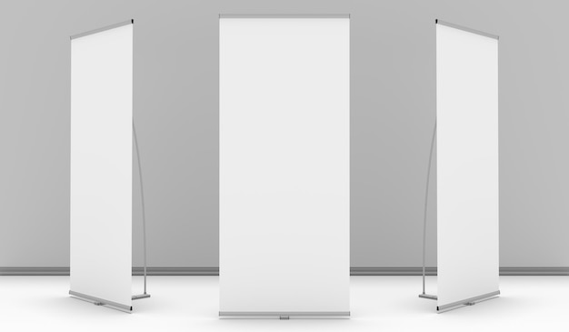 Ausstellungsbanner-Mockup-Anordnung vor einer grauen Wand Vorlage für Mockups