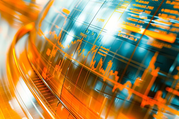 Ausstrahlende orangefarbene Finanzdiagramm über Silber und Blau beleuchtet