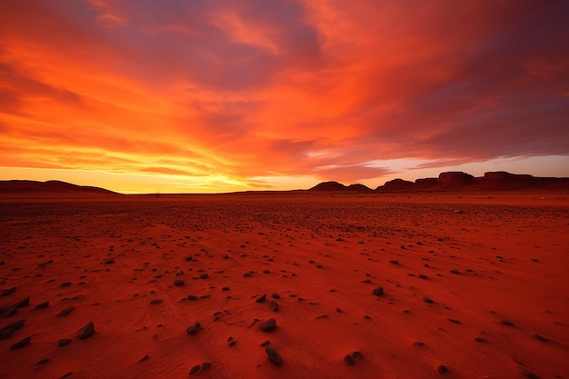 Austero paisaje desértico bajo un sol rojo ardiente