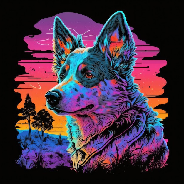 Australian Cattle Dog 80s Synthwave Camiseta detallada Arte vectorial con colores vivos IA generativa