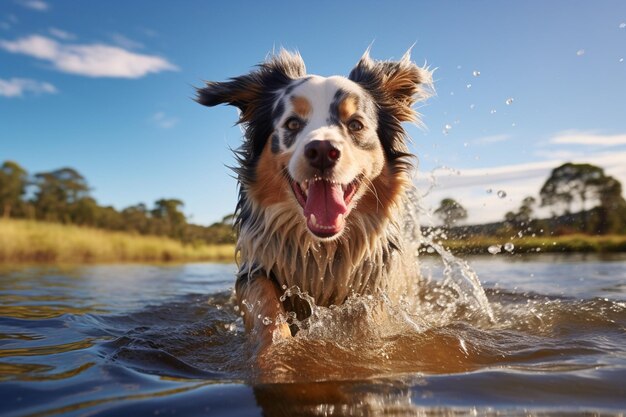 Foto australian shepherd alegremente salpicando em um ai generativo