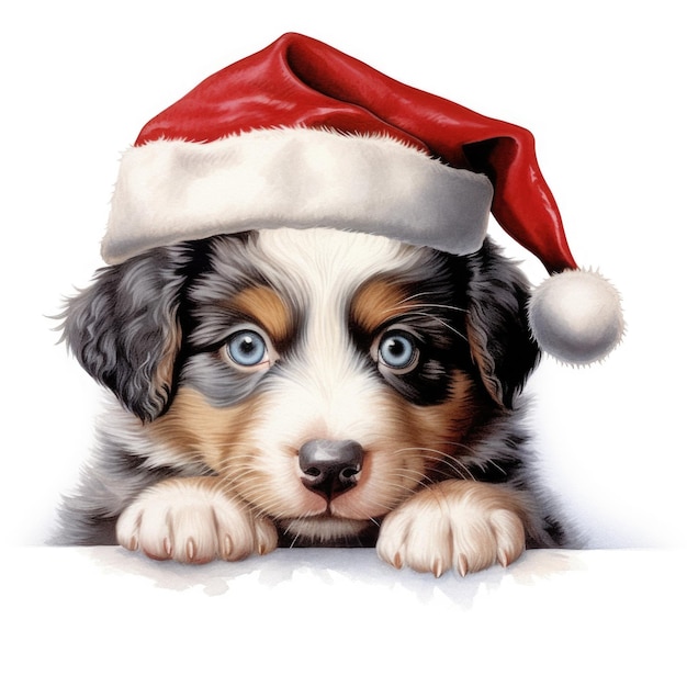 Australian Shepherd-Welpe mit Weihnachtsmütze