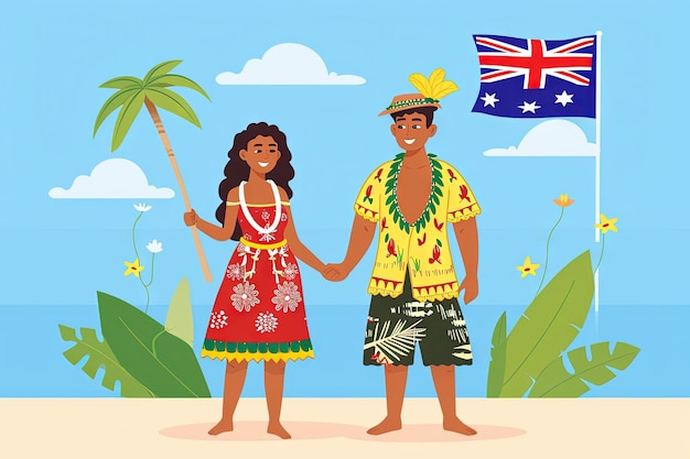 Australianos en traje nacional con una bandera Hombre y mujer en traje tradicional Viajar a Australia Personas Vector ilustración plana