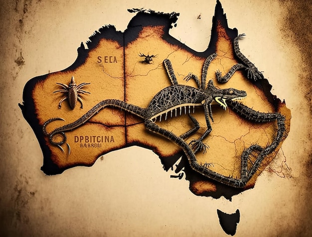 Australien-Karte mit wilder Natur, riesigen Spinnenschlangen und Krokodil, beängstigender Natur