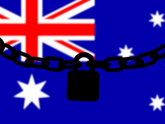 Australien-Sicherheit Silhouette einer Kette und eines Vorhängeschlosses über der Nationalflagge