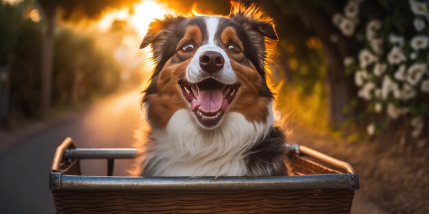 Australischer Schäferhund hat Spaß mit dem Fahrrad am Morgen des Sonnentages im Sommer auf der Stadtstraße