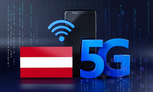 Austria lista para el concepto de conexión 5G. Fondo de tecnología de teléfono inteligente de renderizado 3D