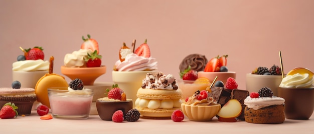 Auswahl an Desserts auf pastellfarbenem Hintergrund