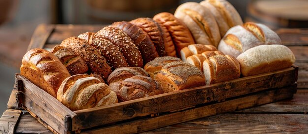 Auswahl an frischem Brot auf Holzplatte