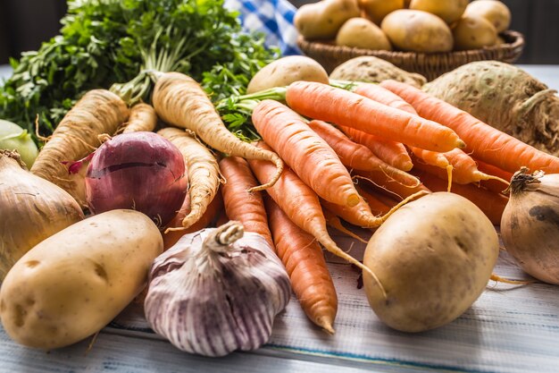 Auswahl an frischem Gemüse auf Holztisch. Karotten-Pastinaken-Knoblauch-Sellerie-Zwiebel und Kohlrabi.