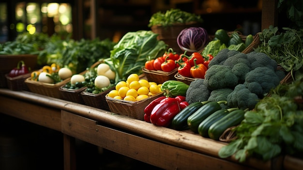 Auswahl an frischem Gemüse in einer Holzkiste auf einem Marktstand. Generative KI