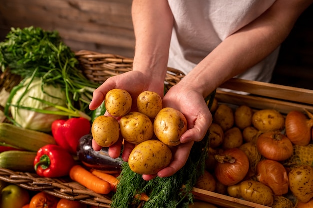 Auswahl an frischem Gemüse und Obst auf Holztisch