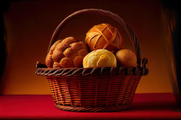 Auswahl an gebackenem Brot im Korb auf rotem Hintergrund