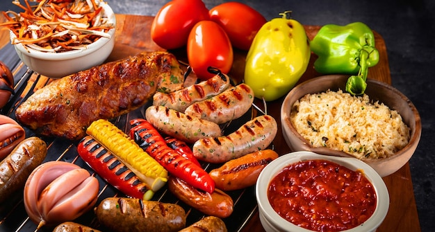 Auswahl an gegrillten Würstchen, Fleisch und Gemüse, Picknick-Grillkonzept, brasilianisches Essen