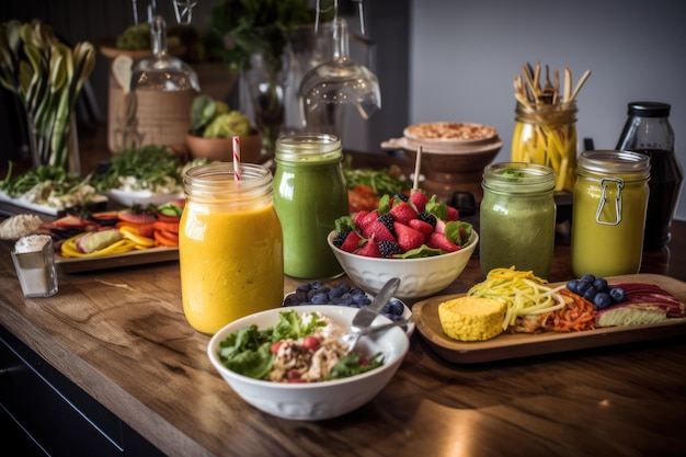 Auswahl an gesunden Lebensmitteln im Café, darunter Smoothies und Salate, die mit generativer KI erstellt wurden