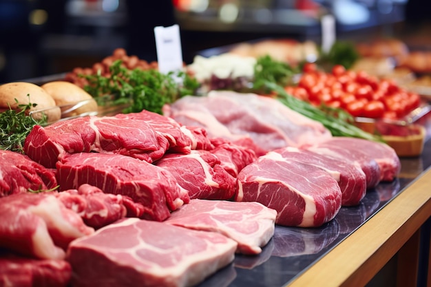 Auswahl an rohem Fleisch auf der Markttheke