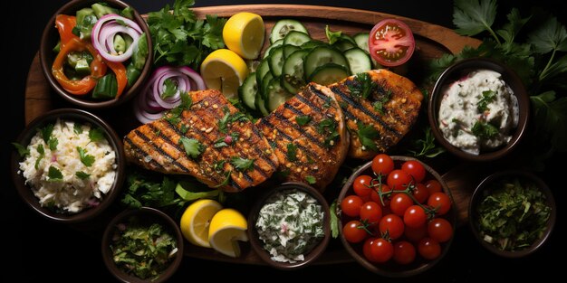 Foto auswahl an traditionellen griechischen speisen salat meze pie fisch tzatziki dolma auf holz-hintergrund top-view