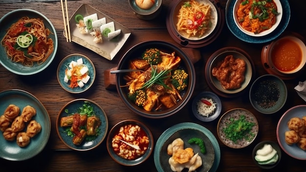 Auswahl an traditionellen koreanischen Gerichten. KI-generiertes Bild