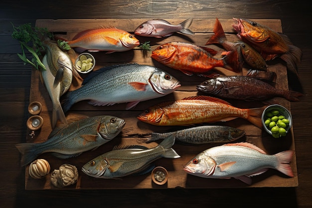 Auswahl frischer Fische auf einem hölzernen Hintergrund Top-View ai erzeugt