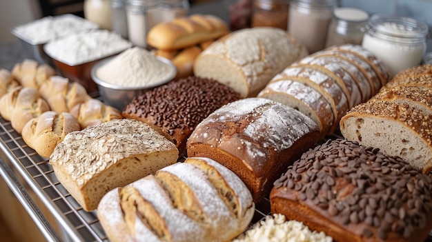 Auswahl von frisch gebackenem Brot und Bäckereierzeugnissen mit Zutaten in einer Bäckerei