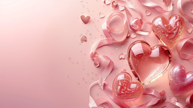 Auswahl von glänzenden Herzformen mit Satinbändern auf einem rosa Hintergrund