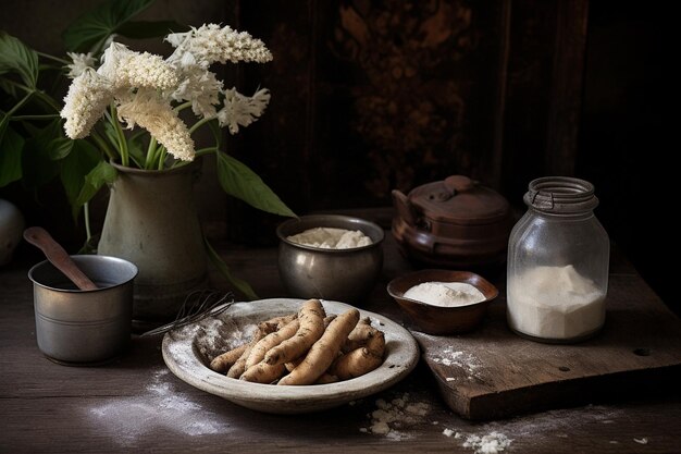 Autêntica comida brasileira amido de mandioca em uma mesa rústica