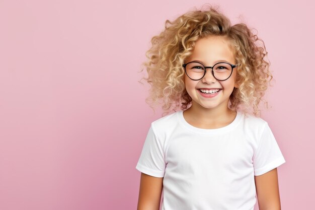 Auténtica niña sonriente con gafas mirando a la cámara aislada sobre un fondo de estudio rosado