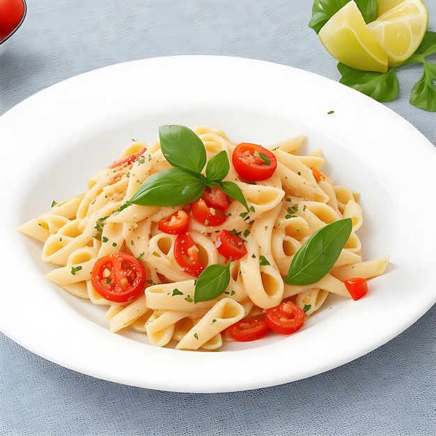 auténtica pasta italiana con tomates y fondo blanco