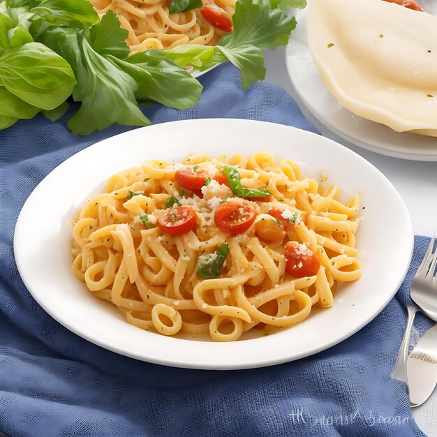 Foto auténtica pasta italiana con tomates y fondo blanco