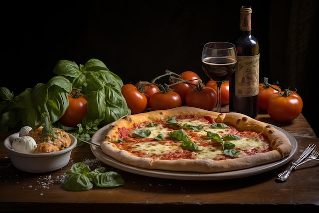 Auténtica pizza Margherita en la mesa del horno de piedra con viñas toscanas en la distancia
