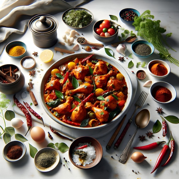 Auténtica preparación de pollo y curry con pimienta Chettinad