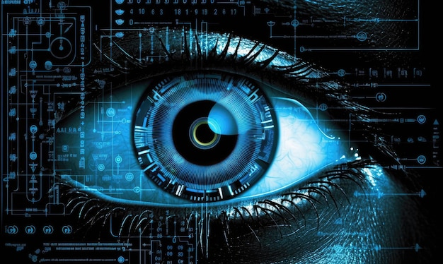 Autenticación biométrica Escaneo ocular Gráfico de comercio en línea Fondo azul Negro IA generativa