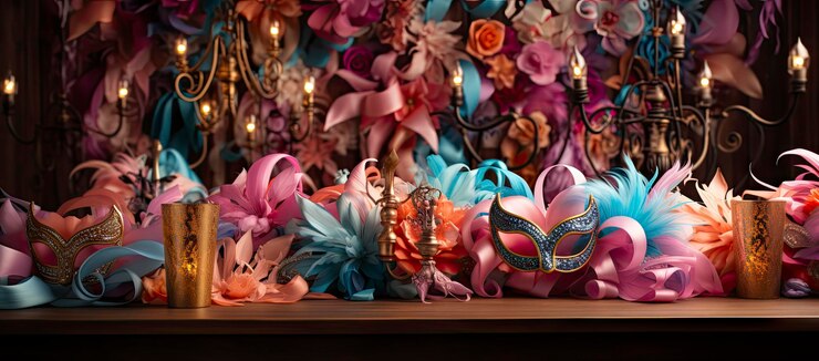 Foto autênticas e belas máscaras venezianas em uma mesa de madeira escura em veneza