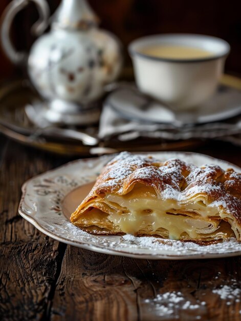 Foto autêntico apfelstrudel austríaco uma pastelaria flocosa cheia de maçãs doces pulverizadas com açúcar em pó e servida com um lado de rico molho de baunilha capturado em um prato antigo