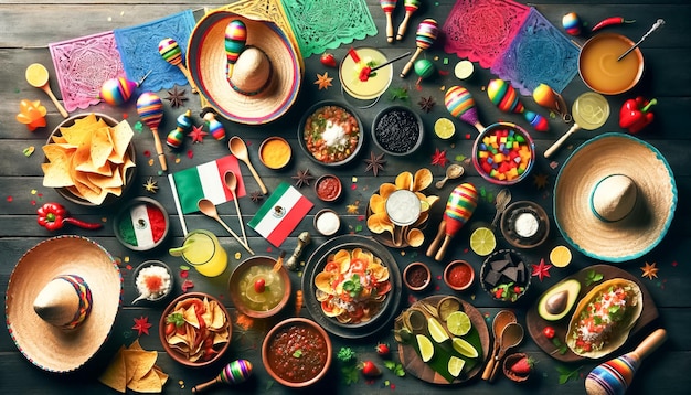 Un auténtico banquete mexicano con una colorida decoración de fiesta en una mesa de madera