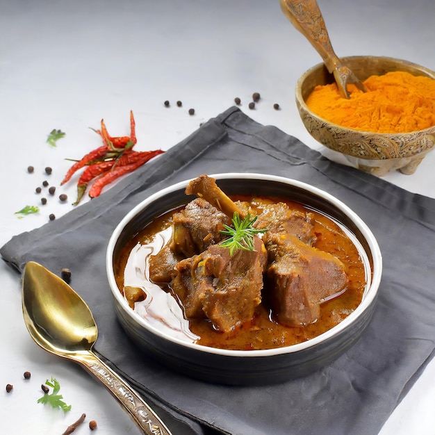 Auténtico curry indio Rogan Josh con especias ricas y carne tierna Auténtico Rogan Josh curry indios con especias riques y carne tiernas